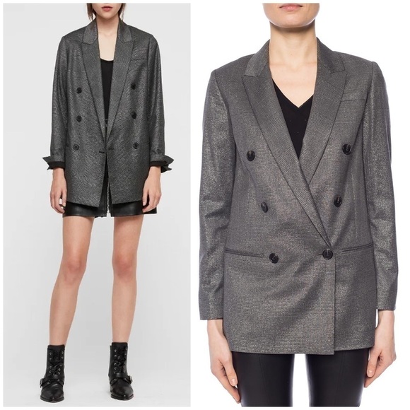 All Saints Isla Shimmer Check Blazer Plaid Black Silver Sparkle Party Sz 4 - Picture 1 of 16